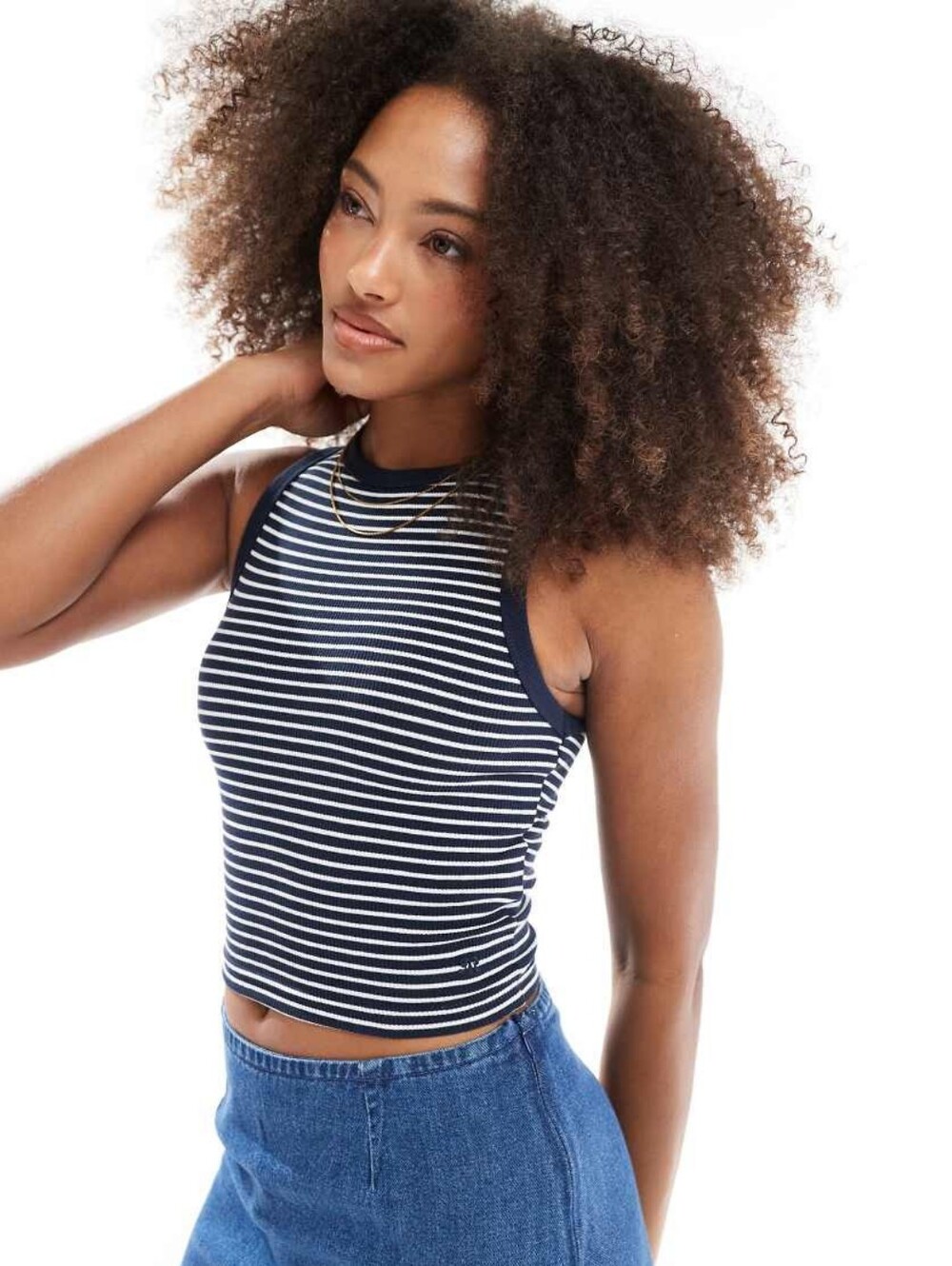 Pull&Bear Navy & White Striped Racer Ribbed Crop Tank Top NWOT M